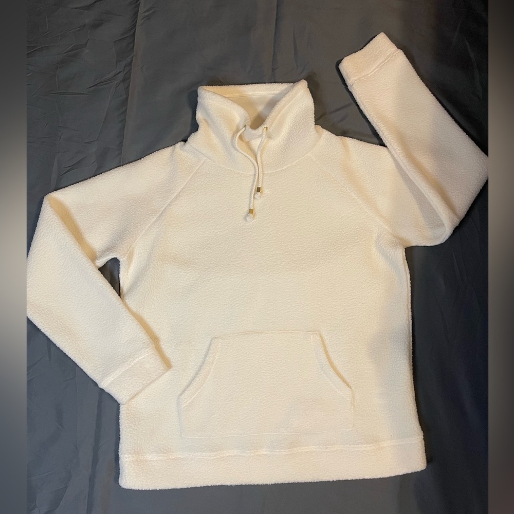 Women’s Michael Kors vanilla funnel-neck fleece pullover, gold accents. Size LG